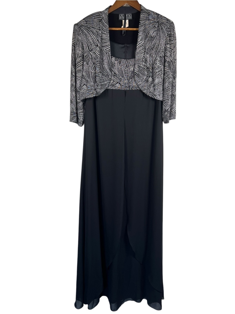 VTG Alex Evenings Black Silver 2 Piece Formal Maxi Dress Jacket Size 12 Wedding